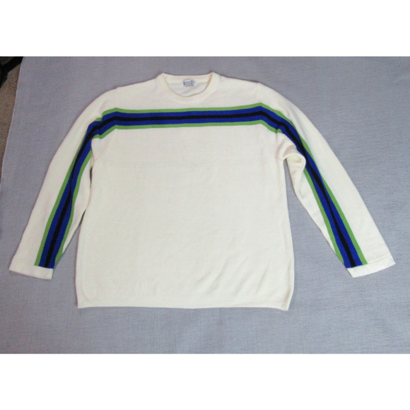 Vintage 80s 90s Badge Sweater Mens Size XL Cream Striped Knit Old School Preppy - Picture 1 of 8